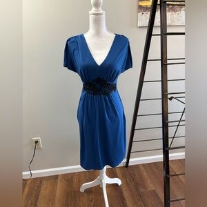 Elegant Blue Dress with Black Lace Detail Size Small